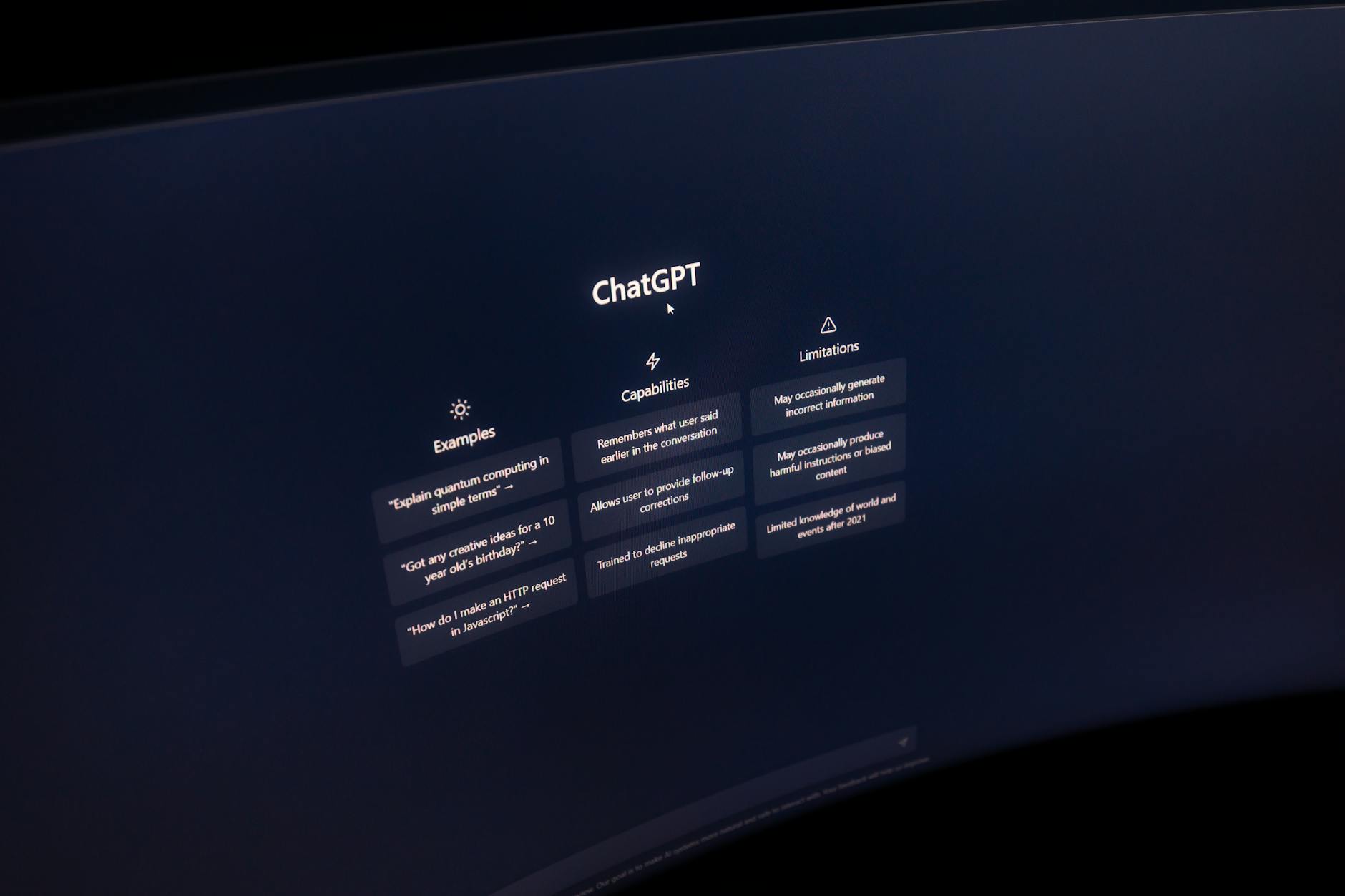 chat gpt welcome screen on computer